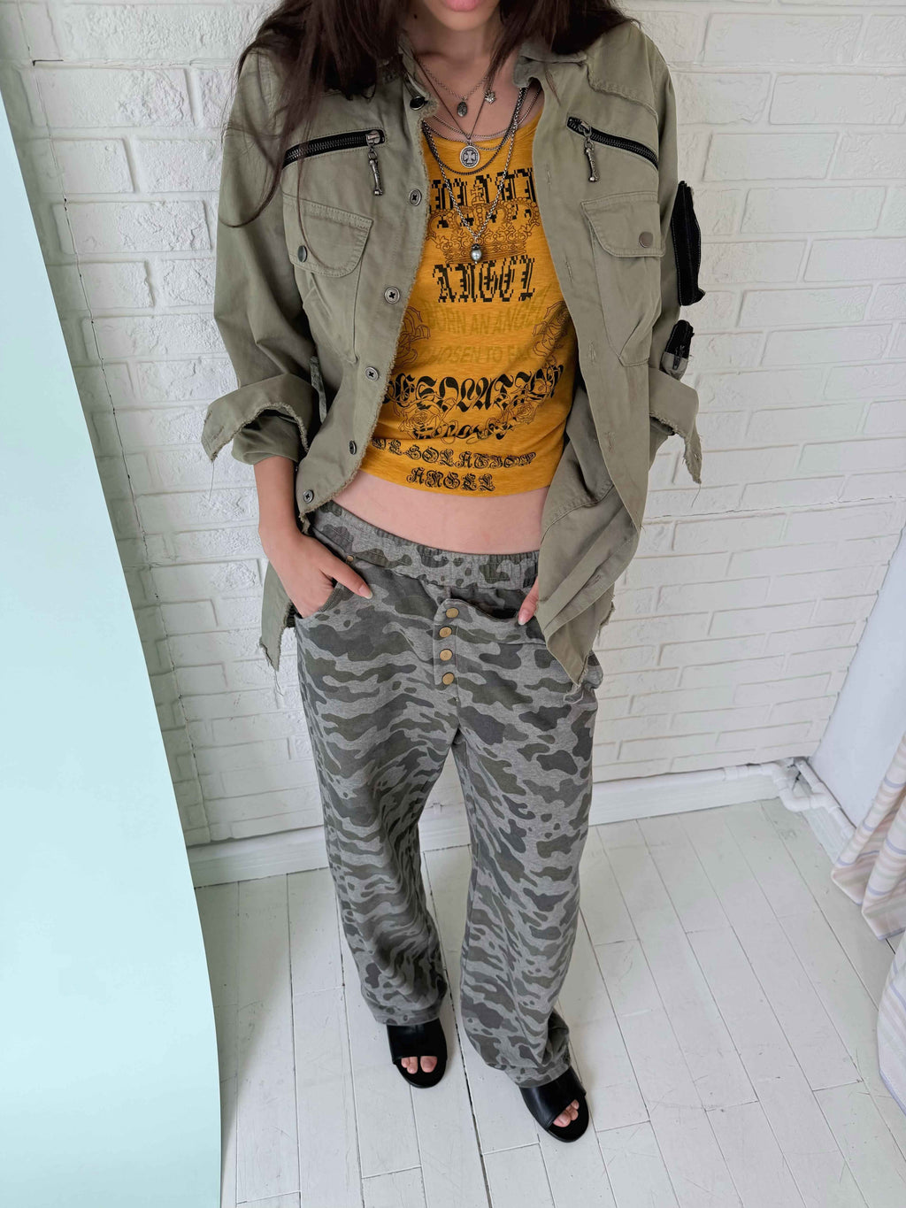 Vintage Distressed 3d Pocket Zipper Epaulet Slim Women's Cotton Shirts