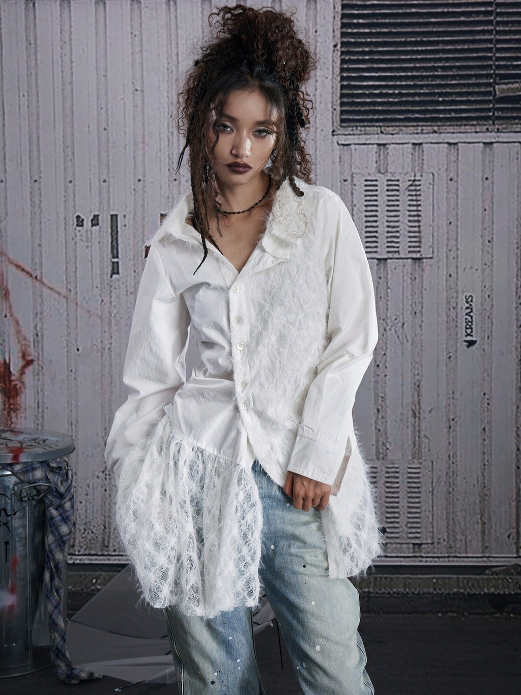 White Lace Patchwork Irregular Cutout Mid Length Women's Cotton Blend Blouses