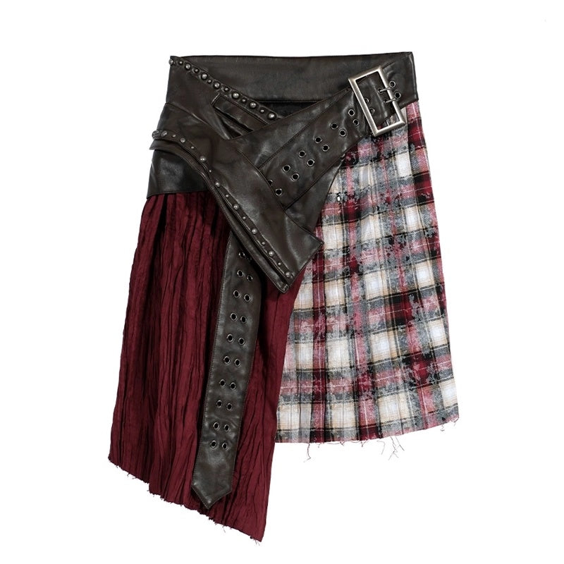 Wine Red Plaid Pleated A Line Mid Waist Studded Tassel Chain Pockets Midi Skirt