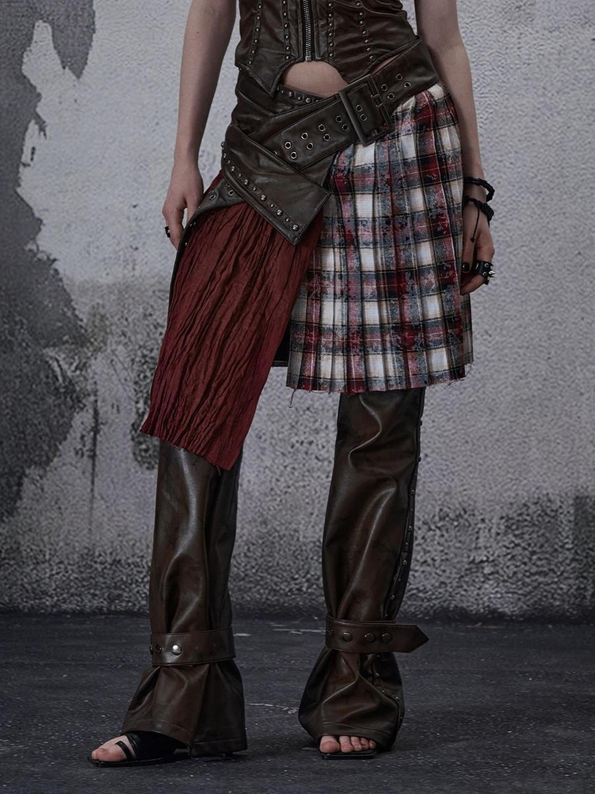 Wine Red Plaid Pleated A Line Mid Waist Studded Tassel Chain Pockets Midi Skirt