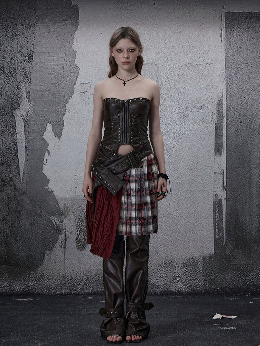 Wine Red Plaid Pleated A Line Mid Waist Studded Tassel Chain Pockets Midi Skirt