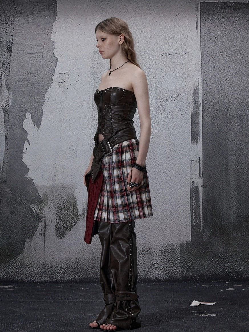 Wine Red Plaid Pleated A Line Mid Waist Studded Tassel Chain Pockets Midi Skirt