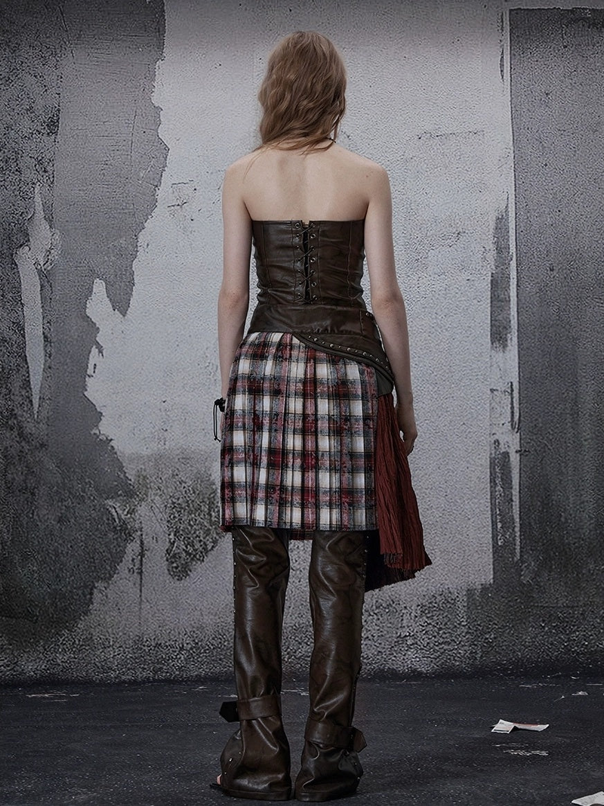 Wine Red Plaid Pleated A Line Mid Waist Studded Tassel Chain Pockets Midi Skirt