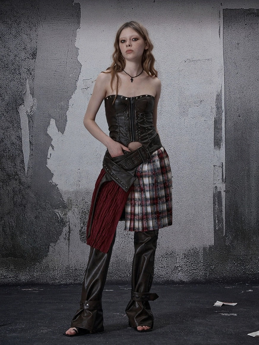 Wine Red Plaid Pleated A Line Mid Waist Studded Tassel Chain Pockets Midi Skirt