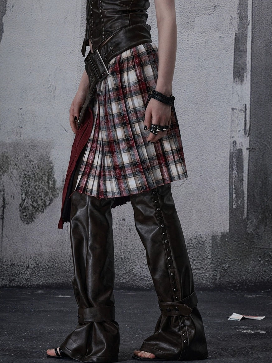 Wine Red Plaid Pleated A Line Mid Waist Studded Tassel Chain Pockets Midi Skirt