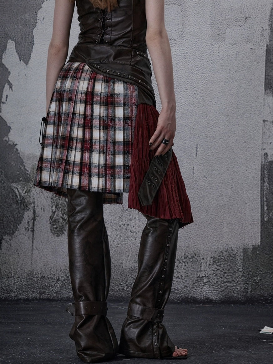 Wine Red Plaid Pleated A Line Mid Waist Studded Tassel Chain Pockets Midi Skirt