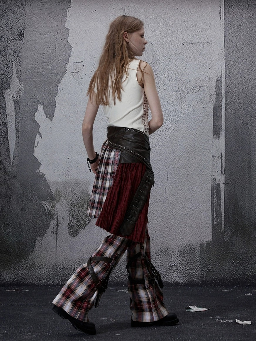 Wine Red Plaid Pleated A Line Mid Waist Studded Tassel Chain Pockets Midi Skirt