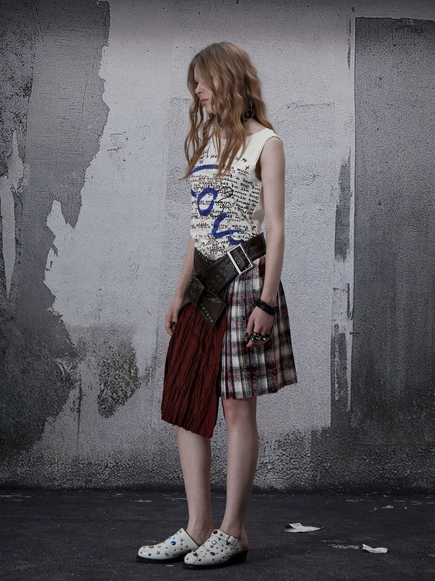 Wine Red Plaid Pleated A Line Mid Waist Studded Tassel Chain Pockets Midi Skirt