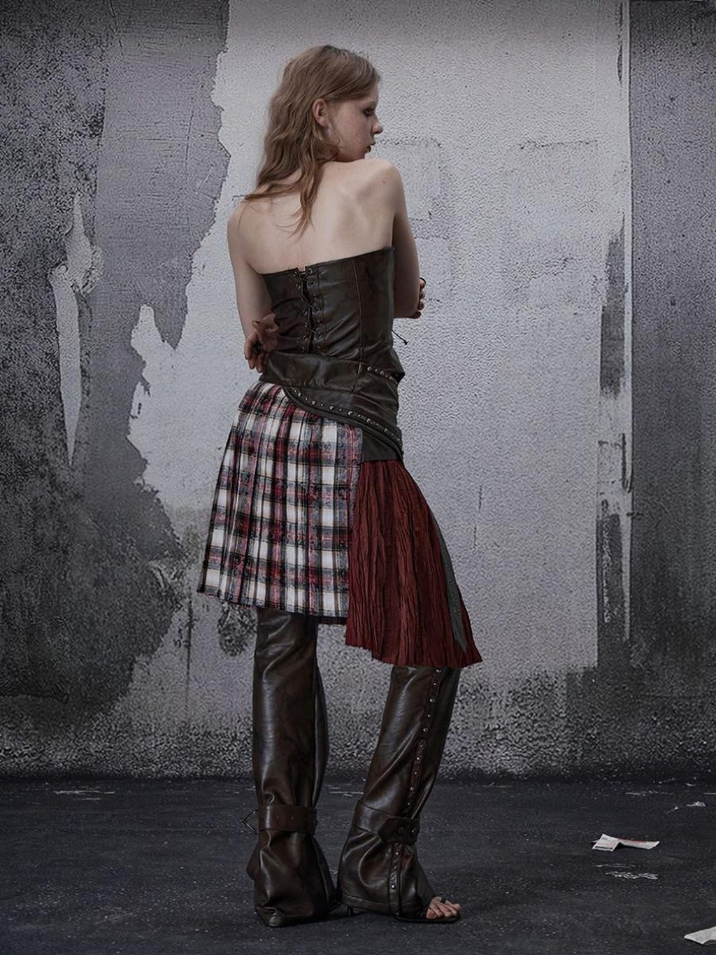 Wine Red Plaid Pleated A Line Mid Waist Studded Tassel Chain Pockets Midi Skirt