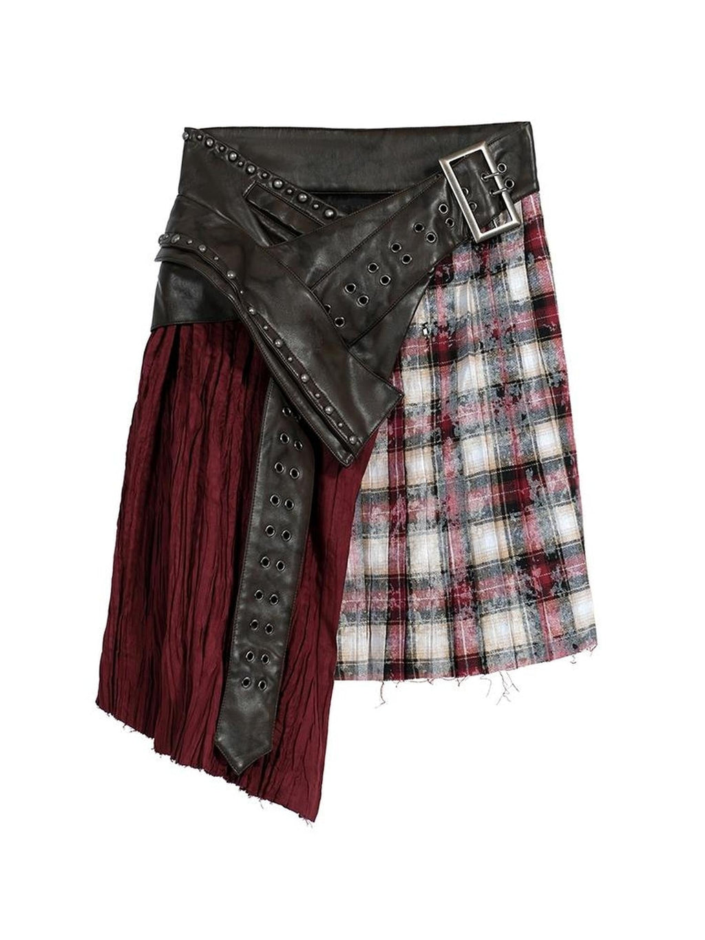 Wine Red Plaid Pleated A Line Mid Waist Studded Tassel Chain Pockets Midi Skirt