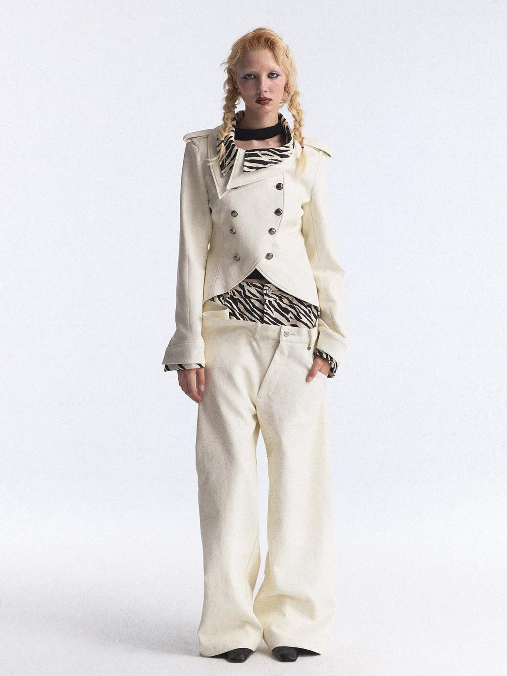 Zebra Print Asymmetric Washed Double Waist Women's Pu Leather Wide-leg Pants