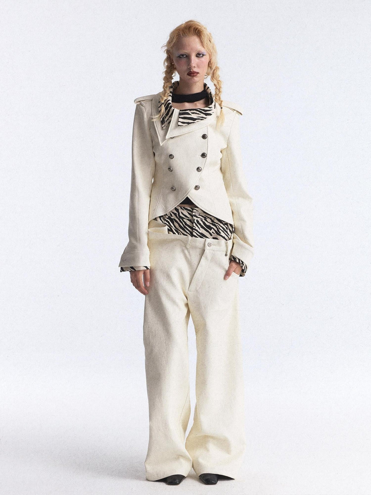 Zebra Print Asymmetric Washed Double Waist Women's Pu Leather Wide-leg Pants