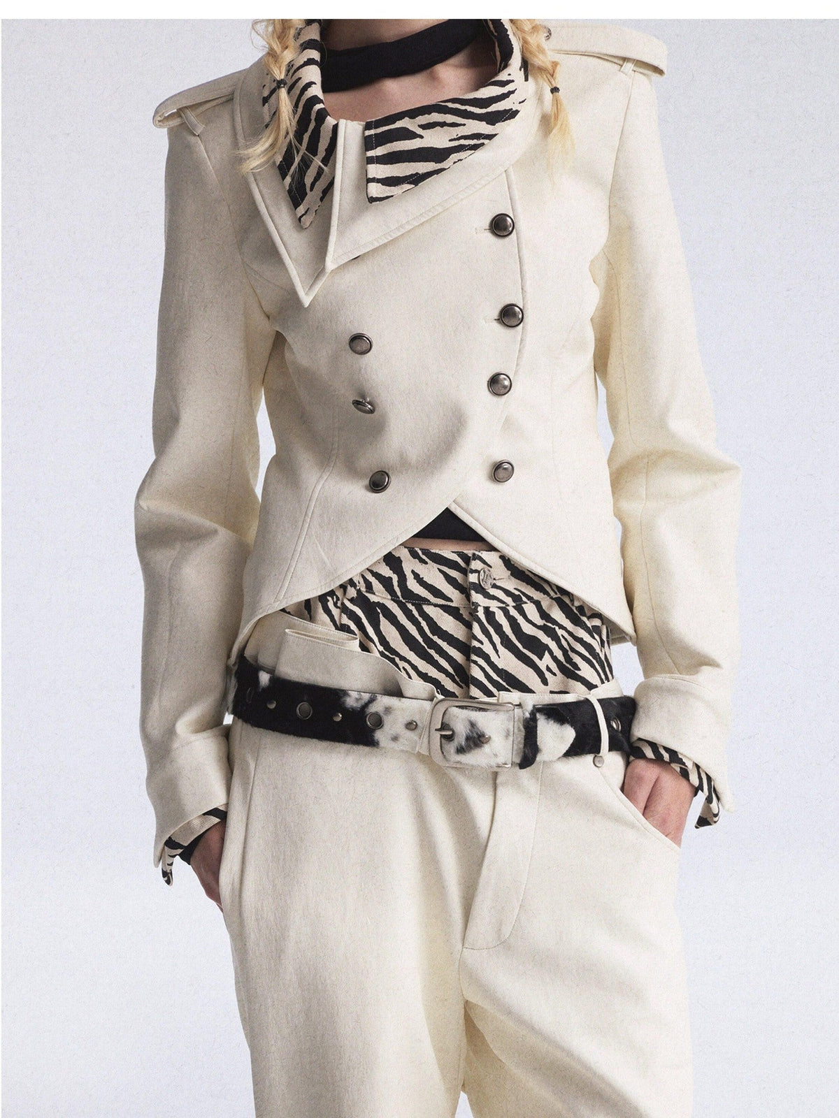 Zebra Print Asymmetric Washed Double Waist Women's Pu Leather Wide-leg Pants