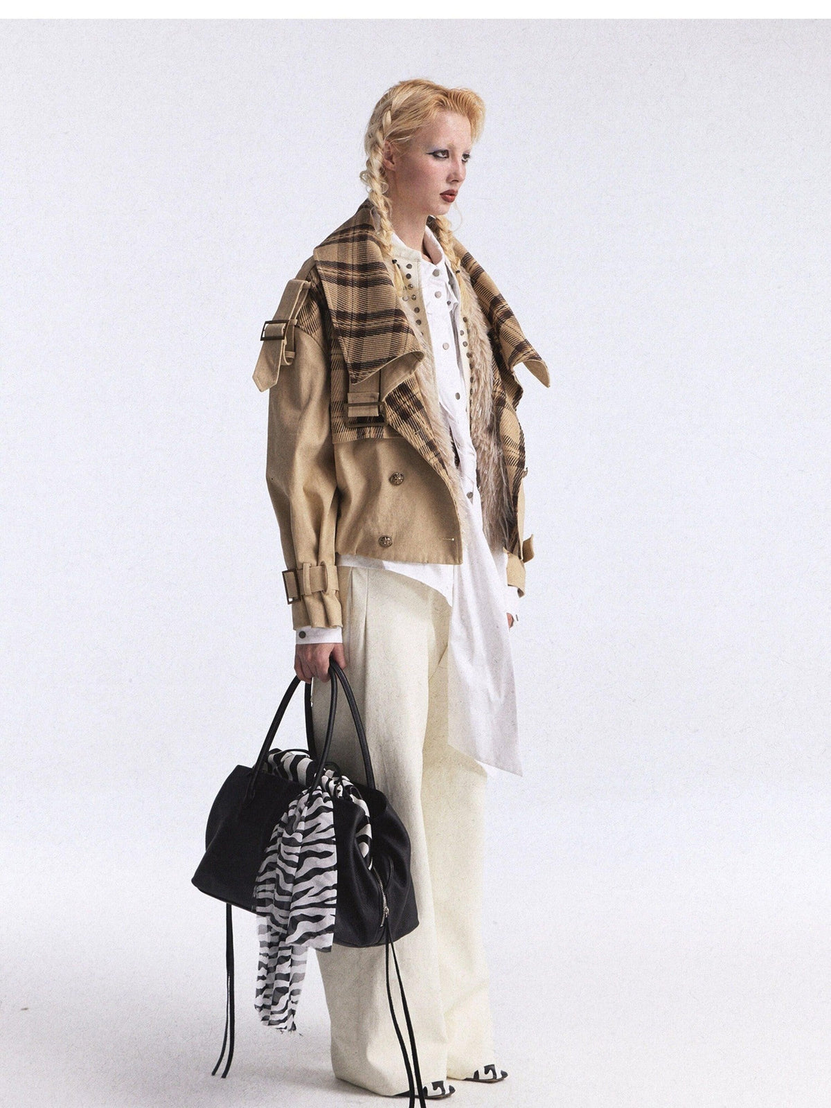 Zebra Print Asymmetric Washed Double Waist Women's Pu Leather Wide-leg Pants