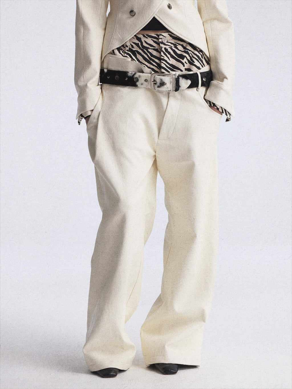 Zebra Print Asymmetric Washed Double Waist Women's Pu Leather Wide-leg Pants