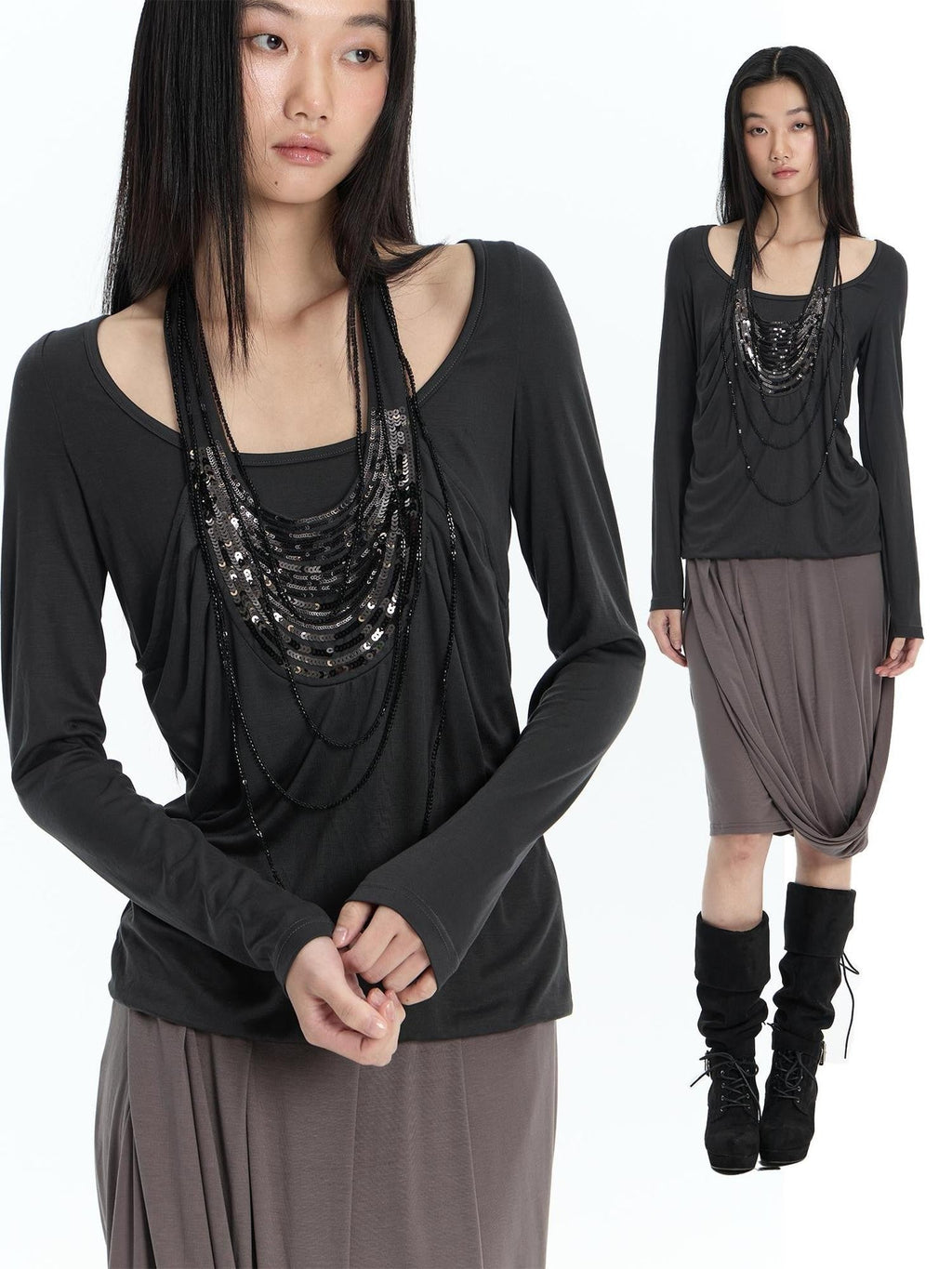 Beaded Faux Layer Lyocell Loose Fit Women's Long Sleeve T-shirts