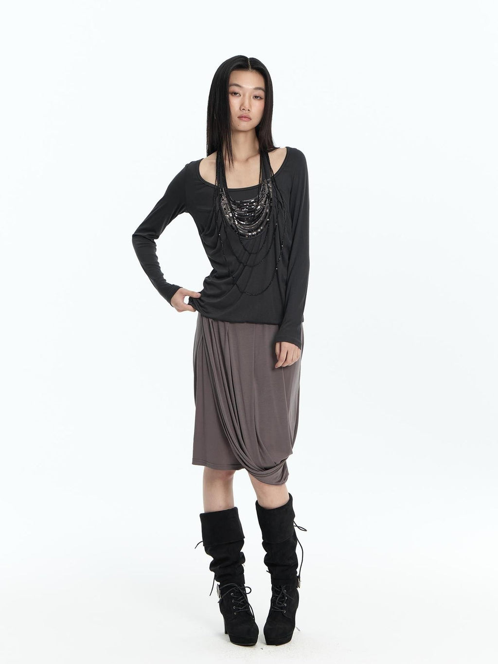 Beaded Faux Layer Lyocell Loose Fit Women's Long Sleeve T-shirts