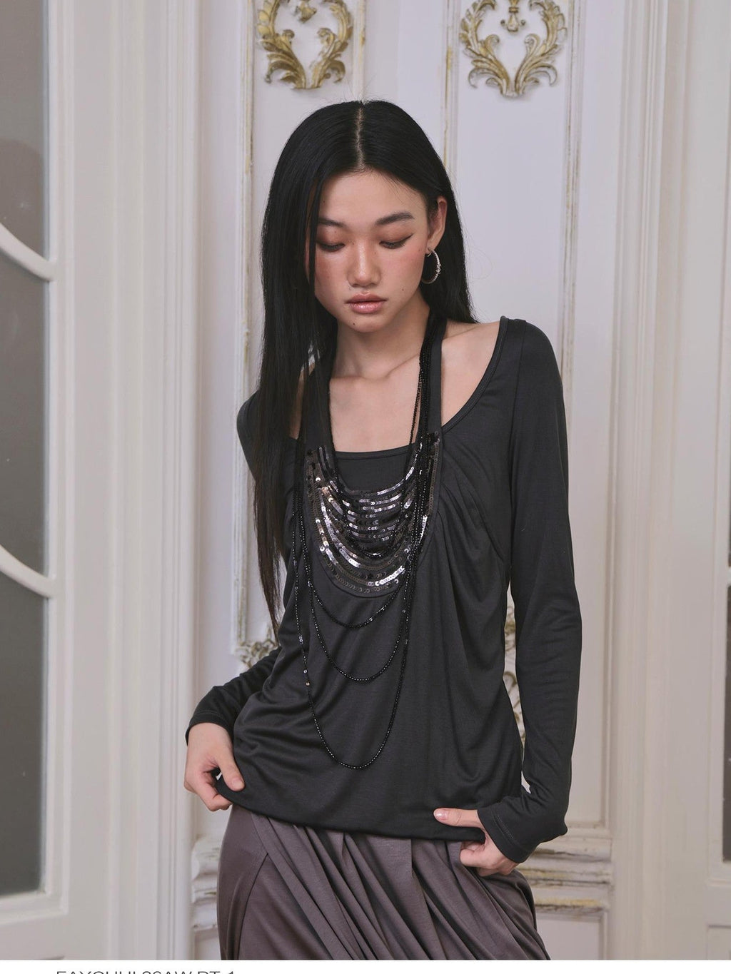 Beaded Faux Layer Lyocell Loose Fit Women's Long Sleeve T-shirts
