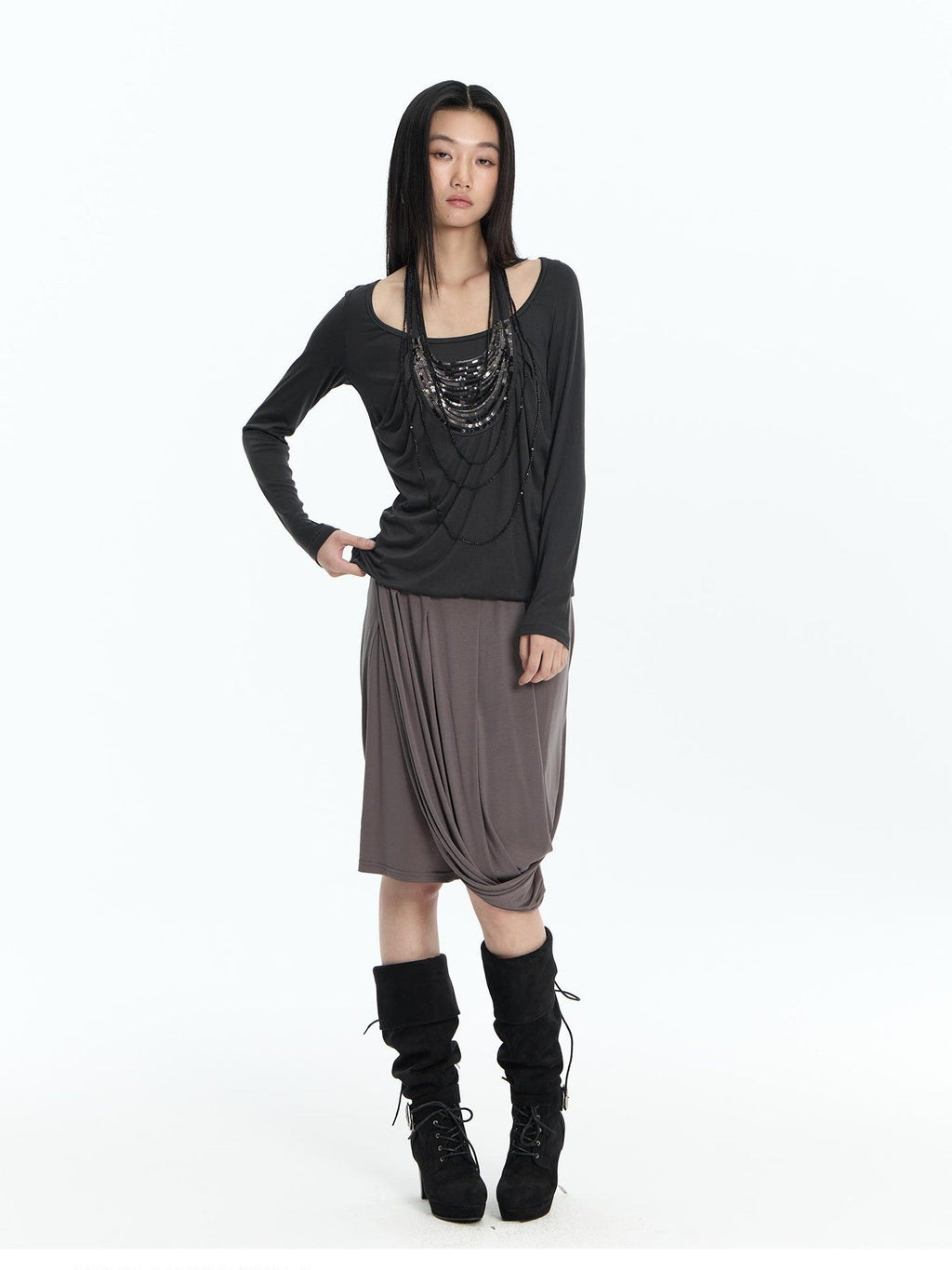 Beaded Faux Layer Lyocell Loose Fit Women's Long Sleeve T-shirts