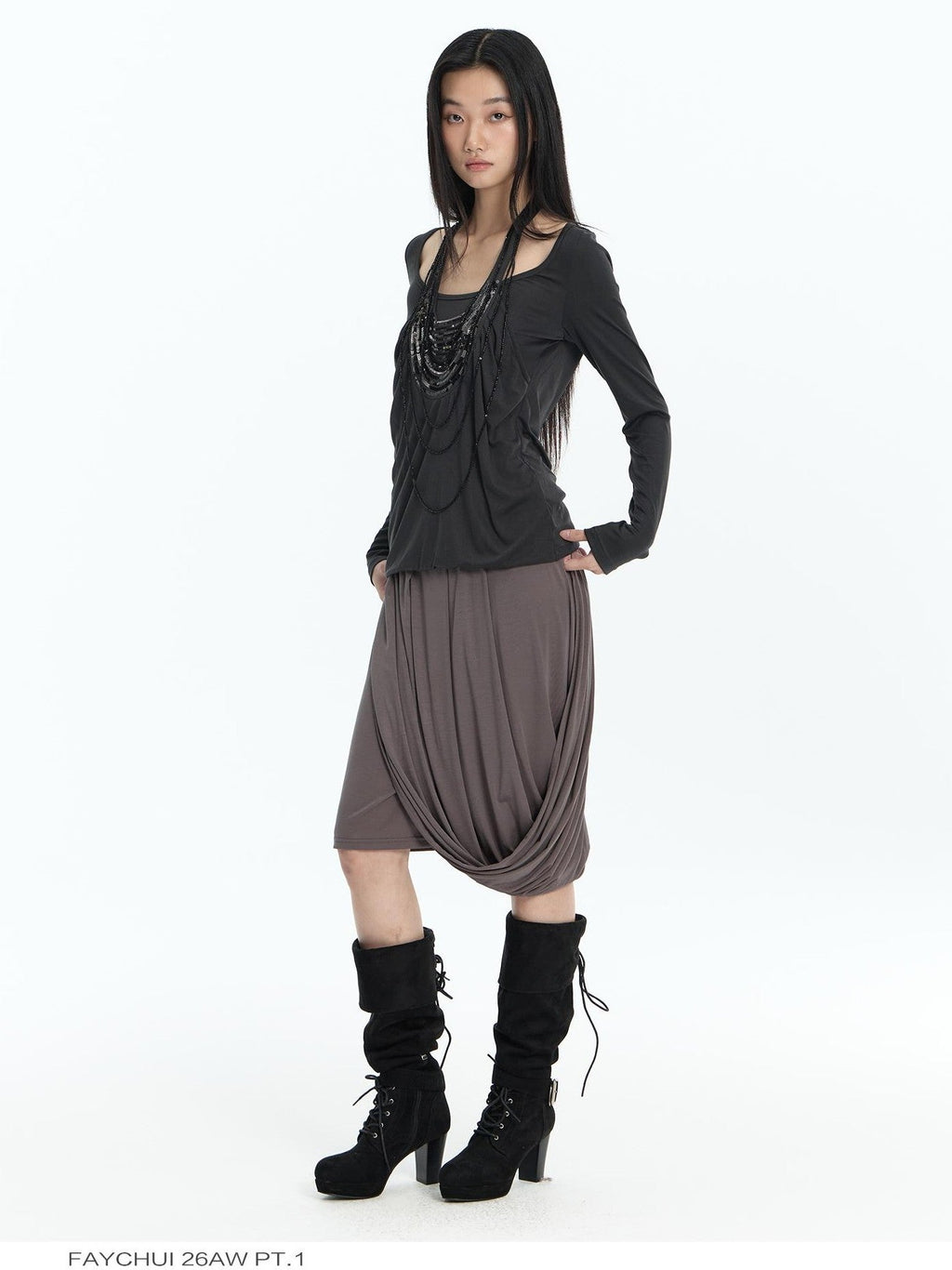 Beaded Faux Layer Lyocell Loose Fit Women's Long Sleeve T-shirts