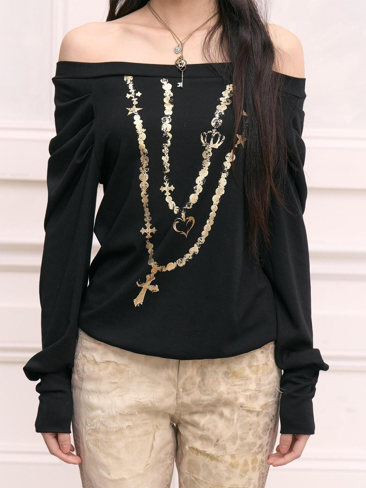 Black Gold Foil Chain Asymmetrical Raglan Women's Modal Long Sleeve T-shirts