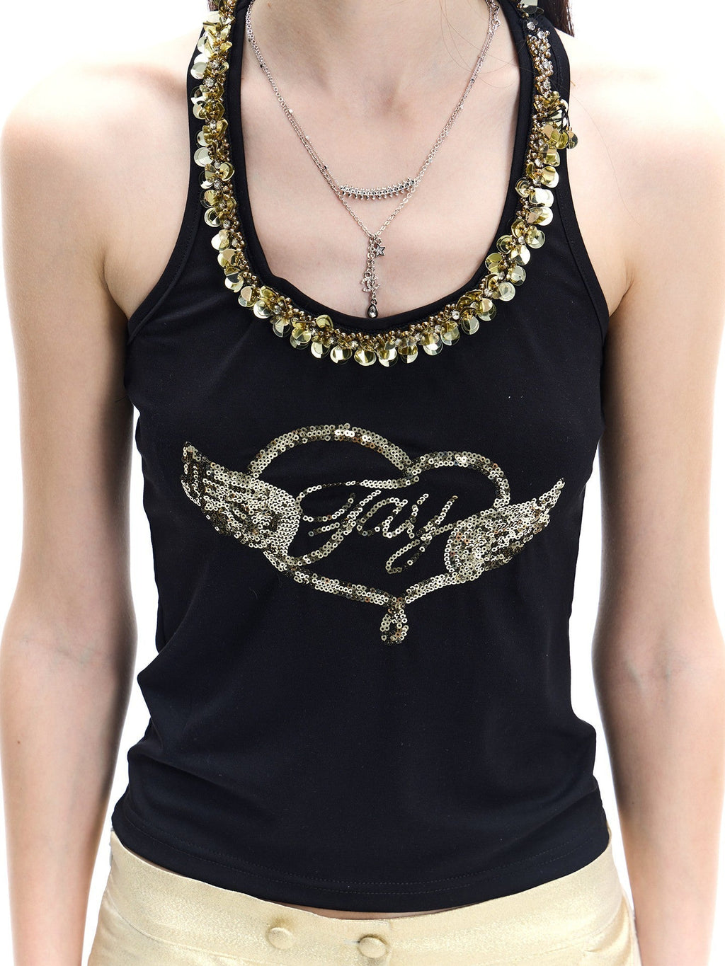 Black Gold Wing Heart Embroidered Halter Women's Modal Tencel Tank Tops