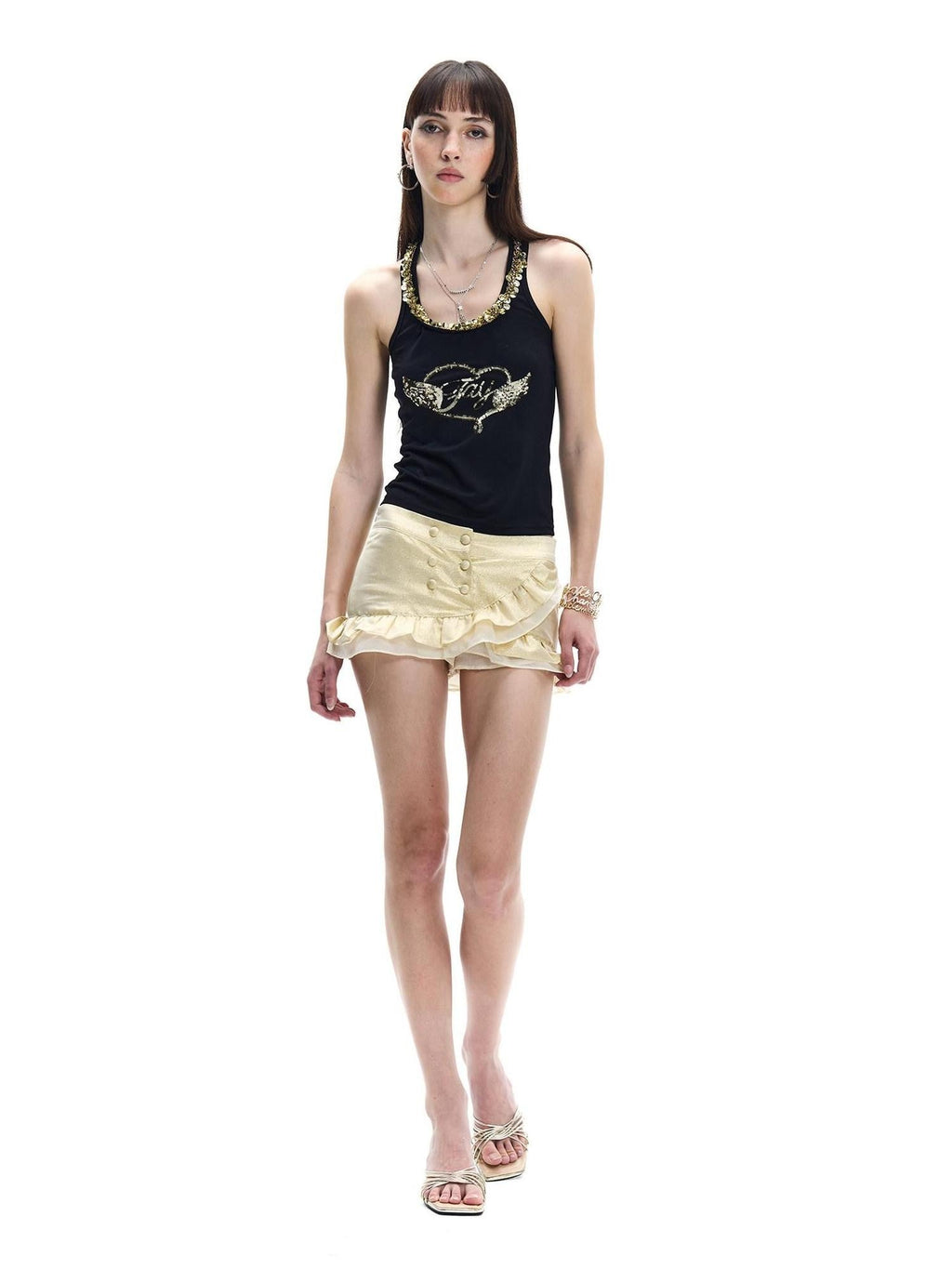 Black Gold Wing Heart Embroidered Halter Women's Modal Tencel Tank Tops