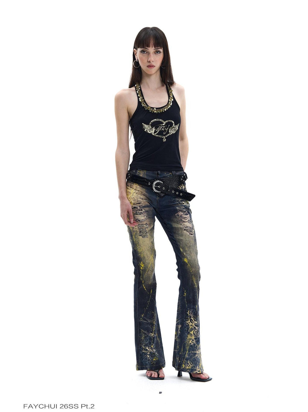Black Gold Wing Heart Embroidered Halter Women's Modal Tencel Tank Tops