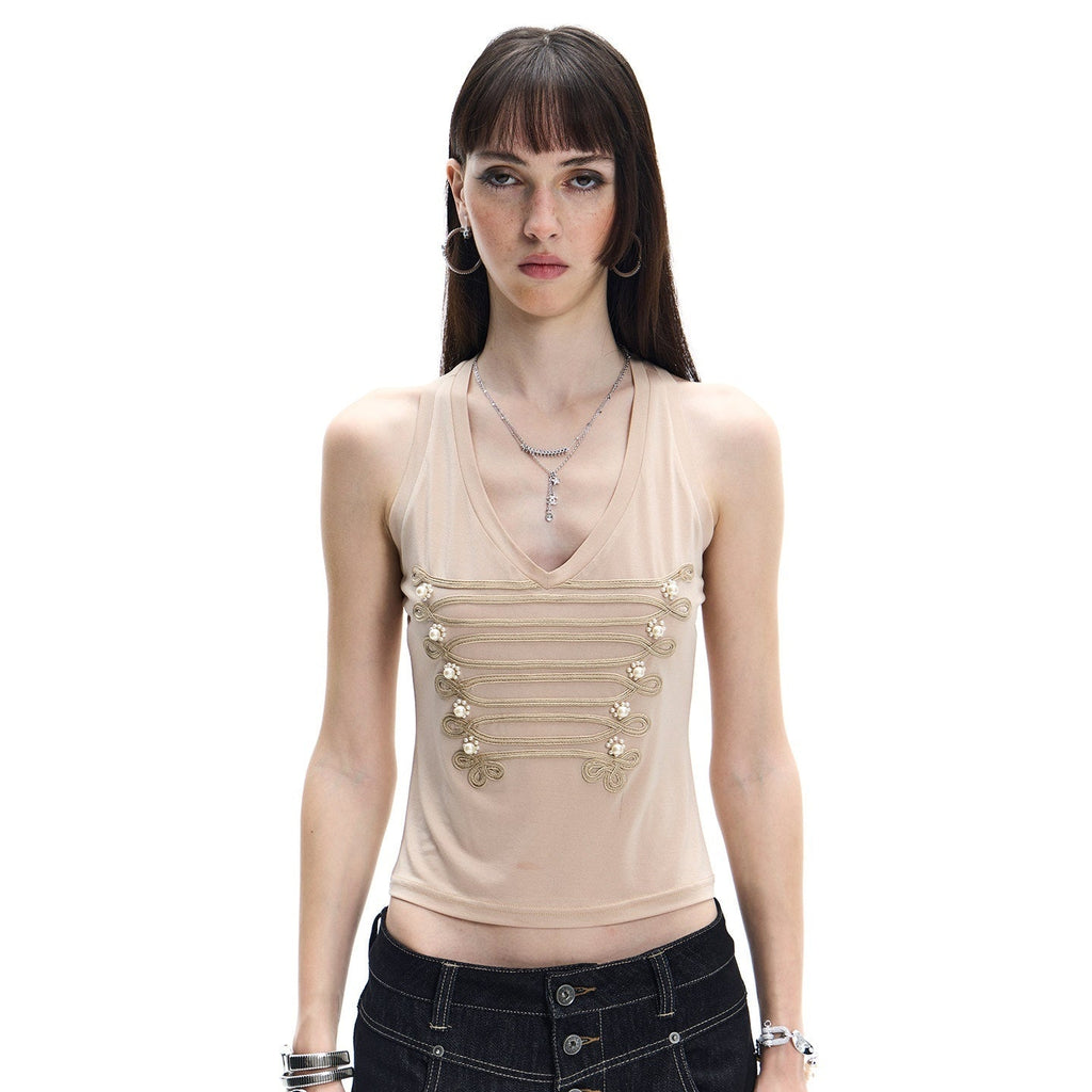Court Pearl Knot 3d Embellished Double Rib V-neck Slim Women's Acetate Tank Tops