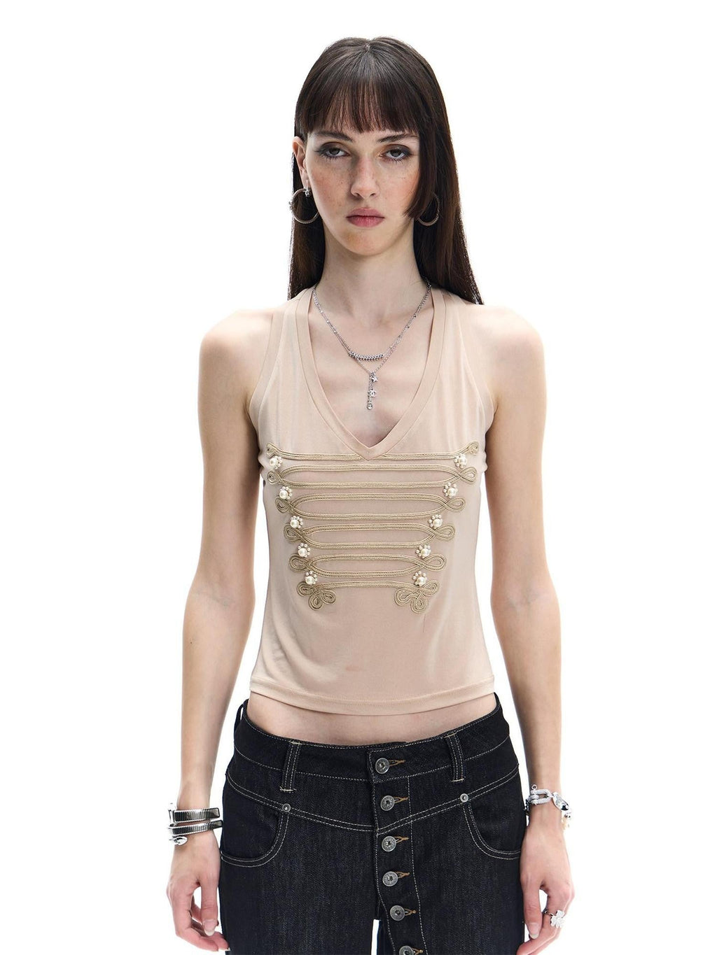 Court Pearl Knot 3d Embellished Double Rib V-neck Slim Women's Acetate Tank Tops