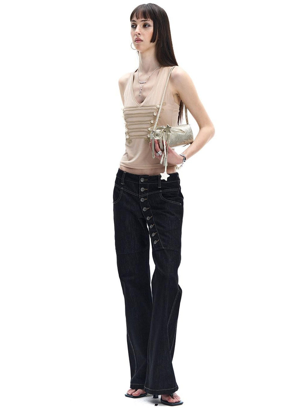 Court Pearl Knot 3d Embellished Double Rib V-neck Slim Women's Acetate Tank Tops