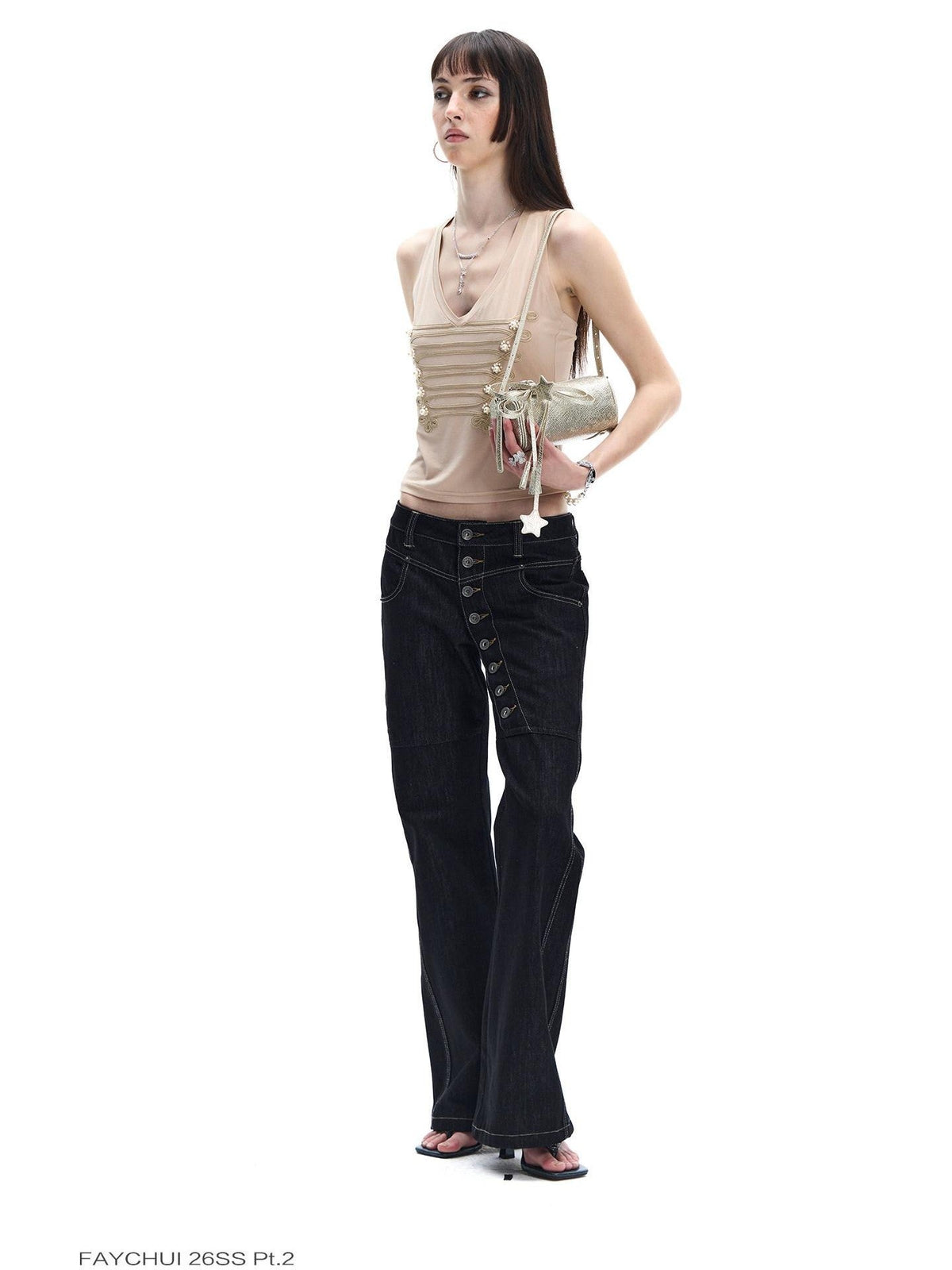Court Pearl Knot 3d Embellished Double Rib V-neck Slim Women's Acetate Tank Tops