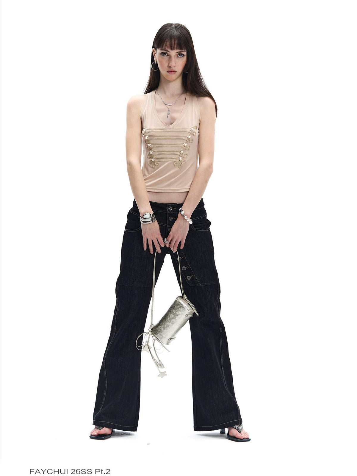 Court Pearl Knot 3d Embellished Double Rib V-neck Slim Women's Acetate Tank Tops