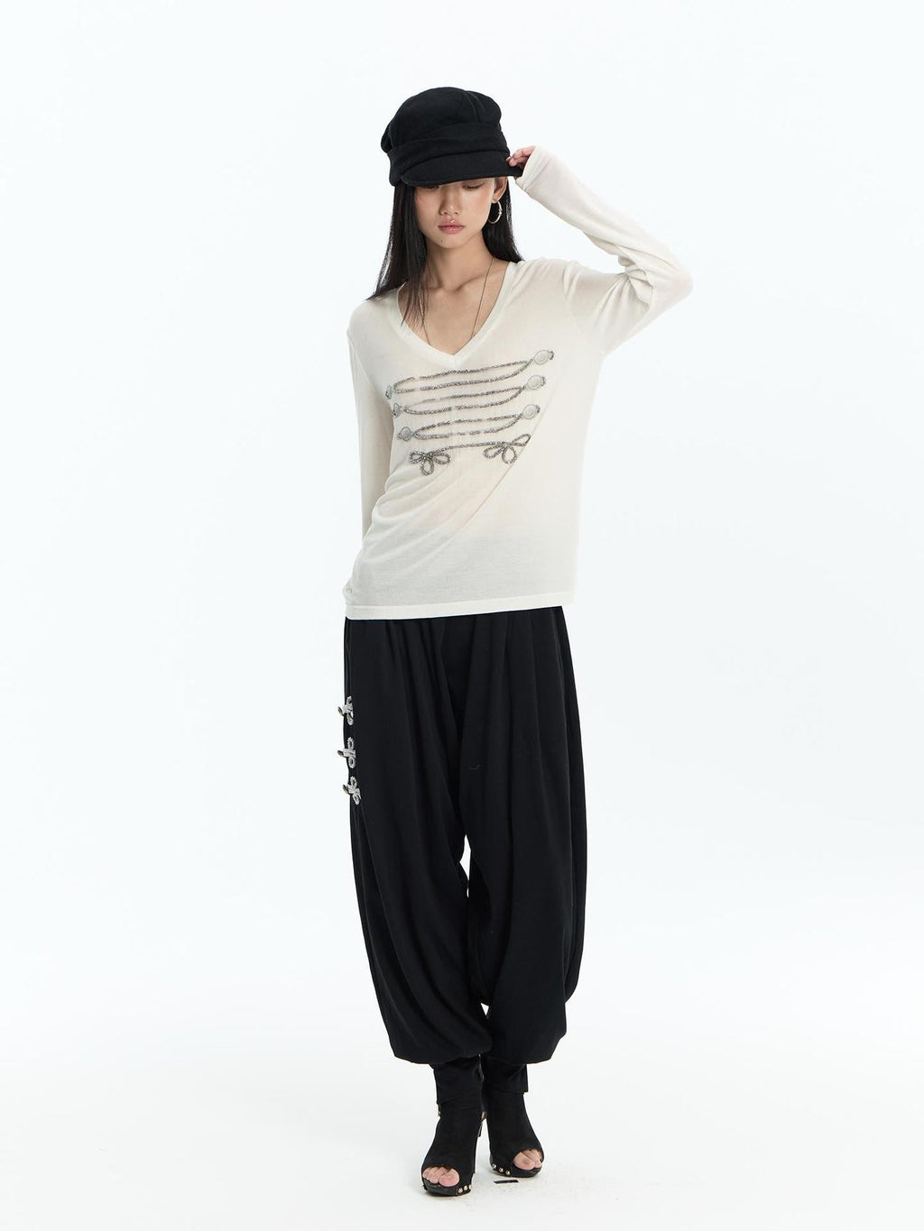 Embroidered Metal Detail Palace Style Low Waist Cotton Women's Joggers
