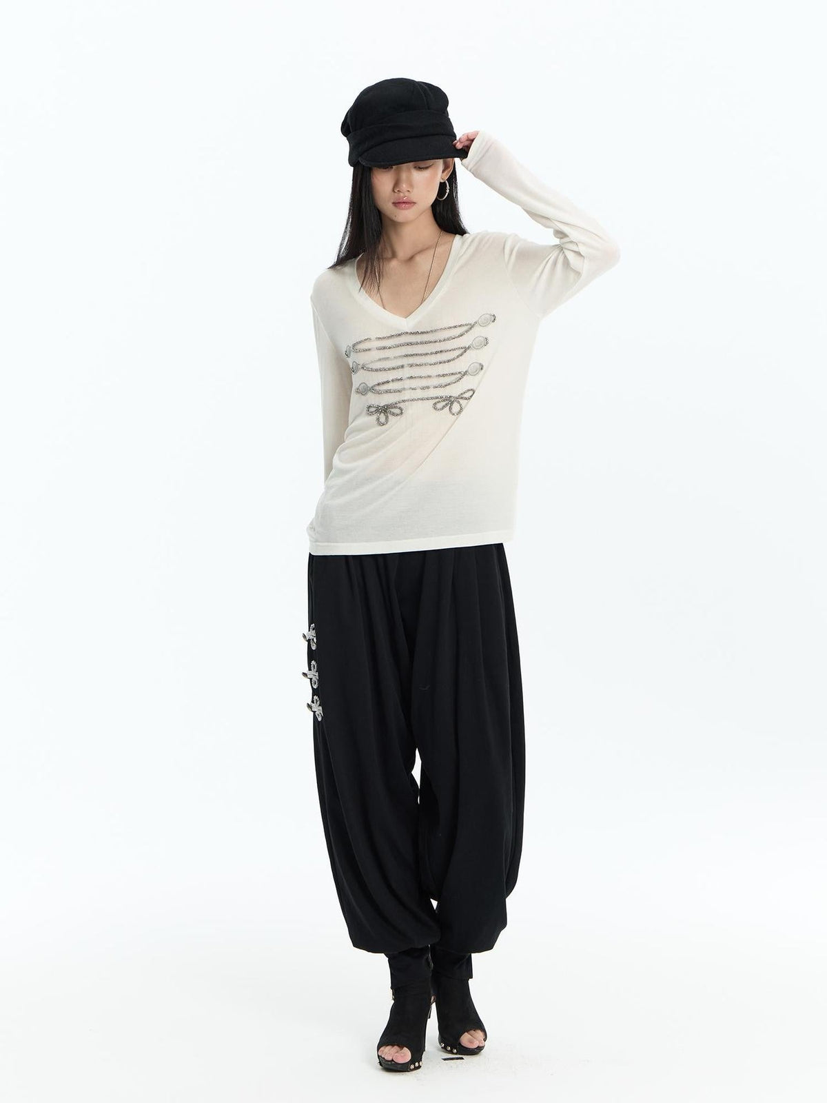 Embroidered Metal Detail Palace Style Low Waist Cotton Women's Joggers