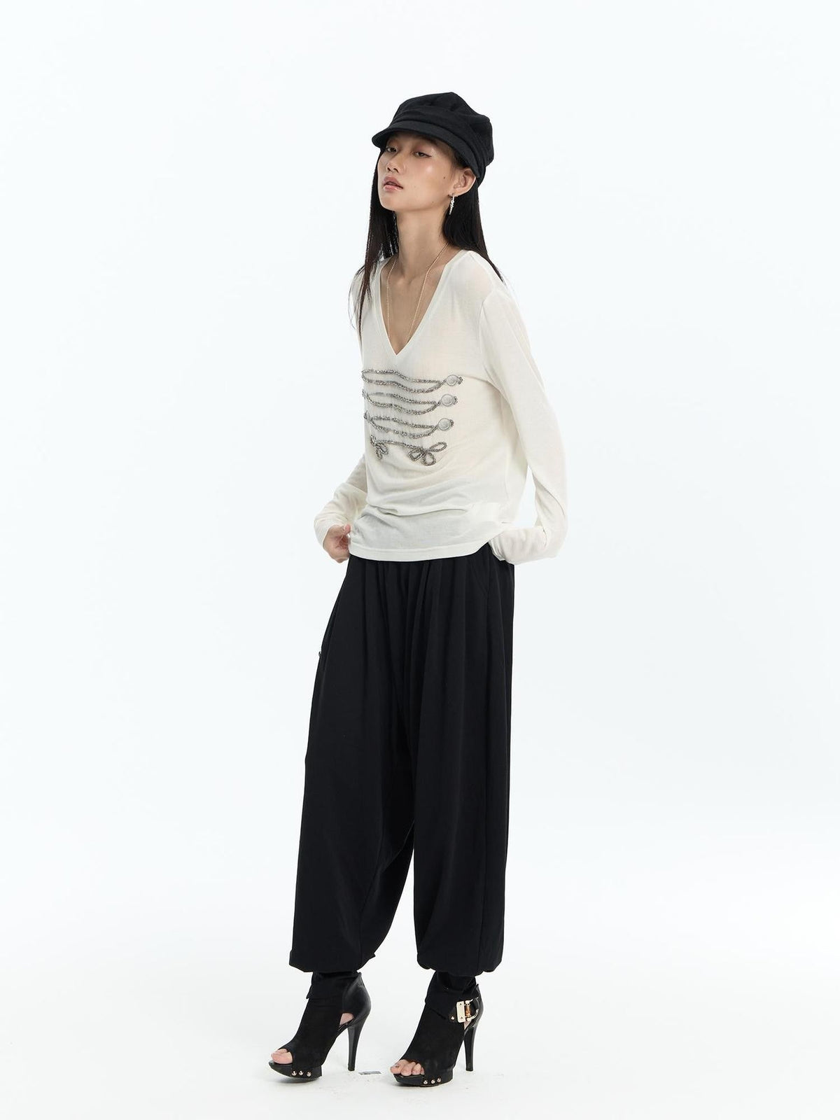 Embroidered Metal Detail Palace Style Low Waist Cotton Women's Joggers