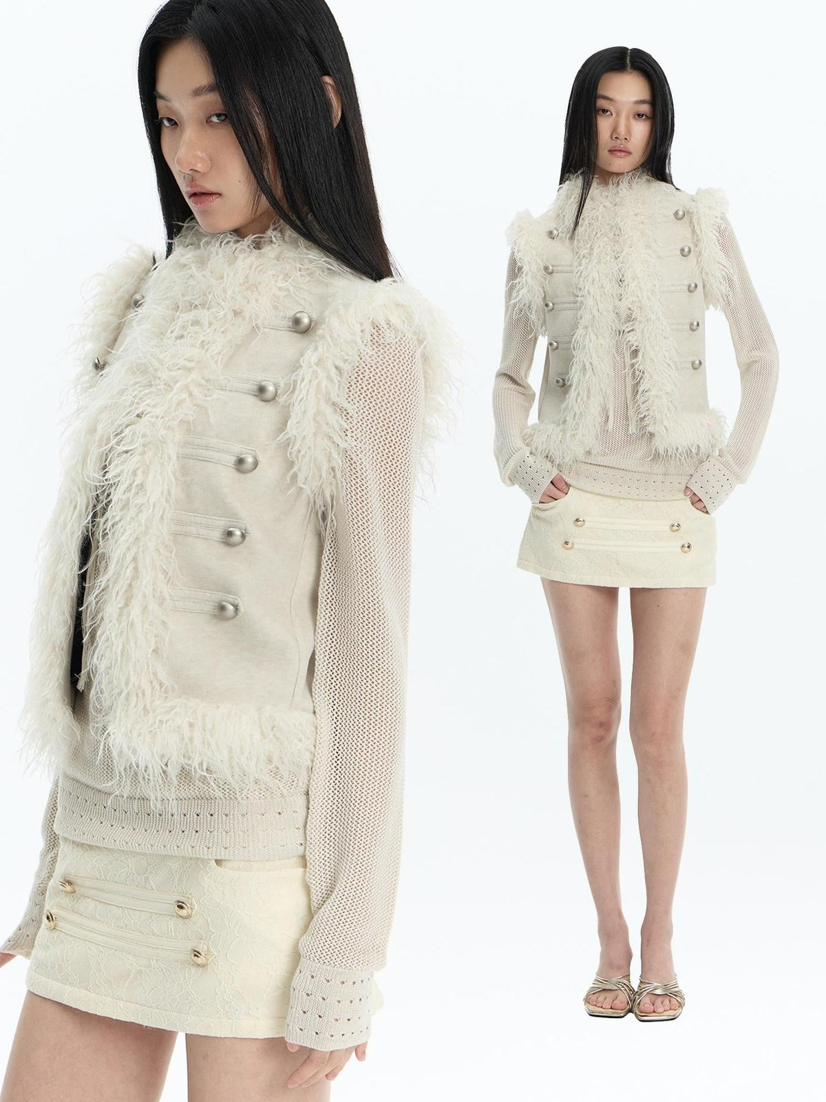 Feather Trim Court Style Stand Collar Spliced Wool Women's Vests