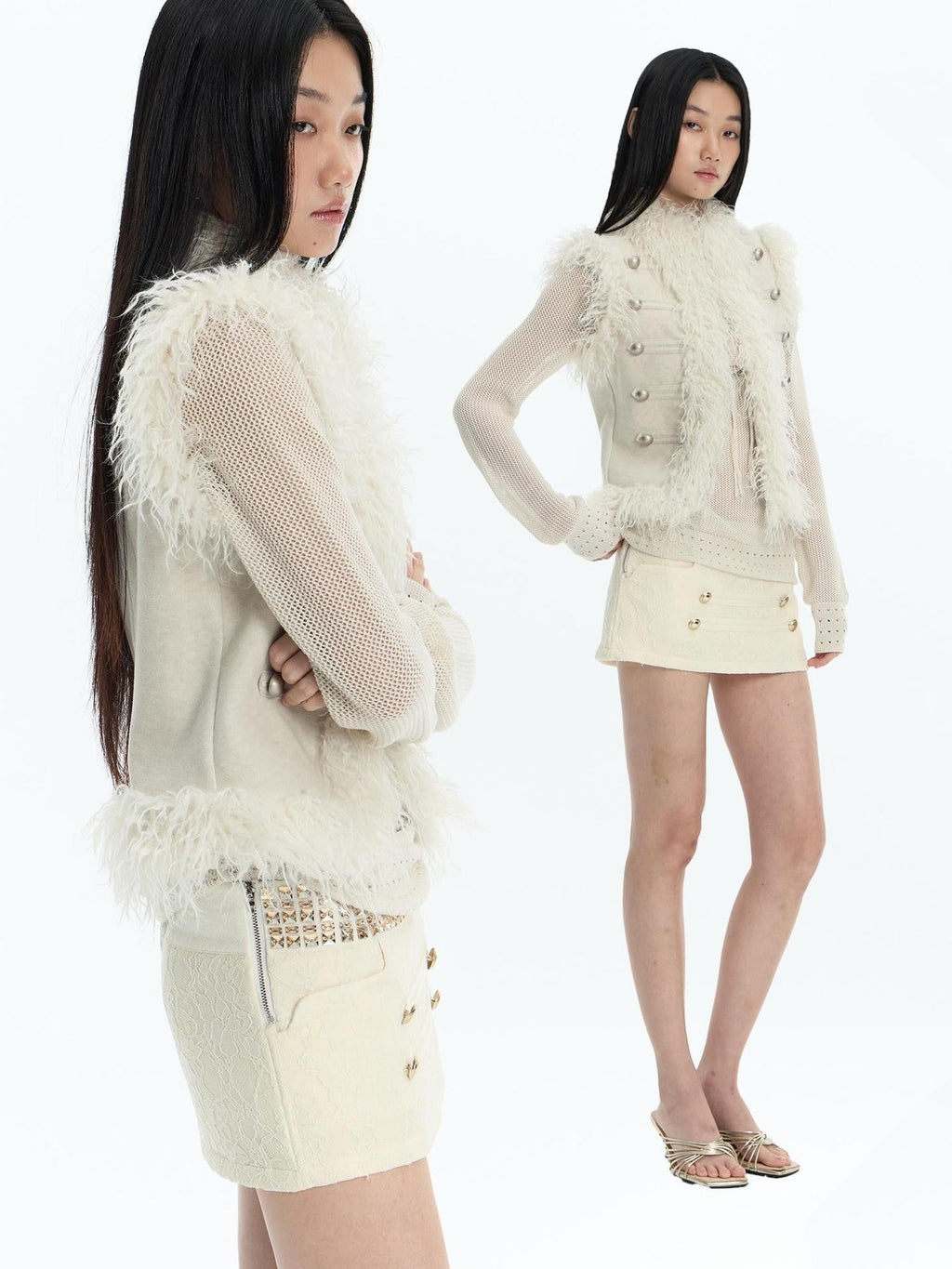 Feather Trim Court Style Stand Collar Spliced Wool Women's Vests