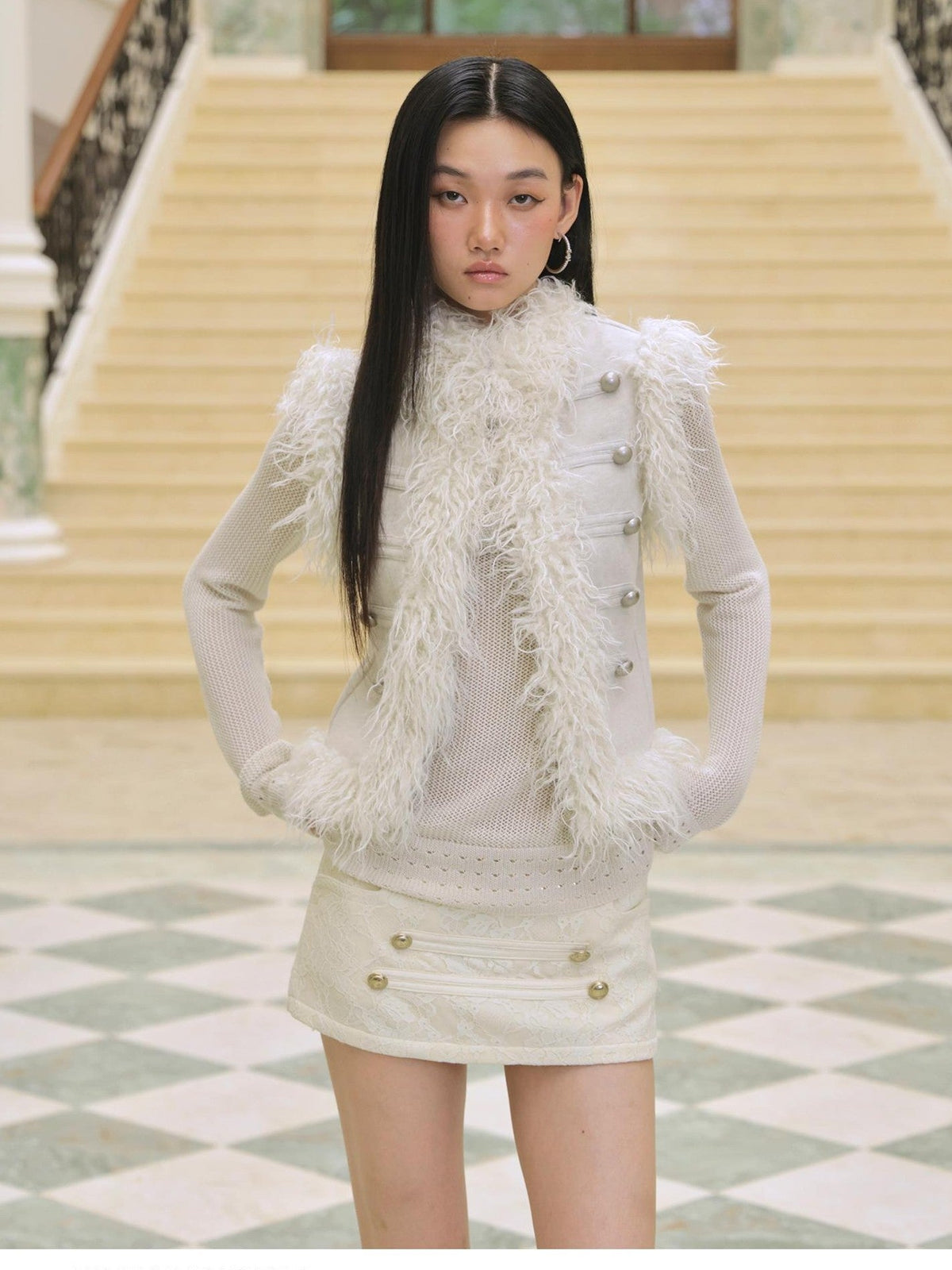 Feather Trim Court Style Stand Collar Spliced Wool Women's Vests