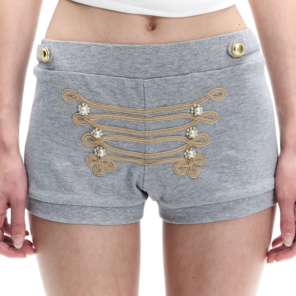 Heather Grey Gold Hand Embroidered Drawstring Knot Women's Cotton Sweat Shorts