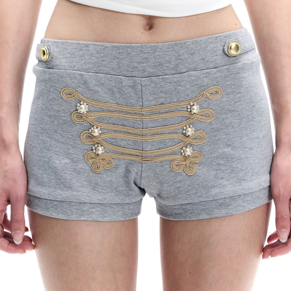 Heather Grey Gold Hand Embroidered Drawstring Knot Women's Cotton Sweat Shorts