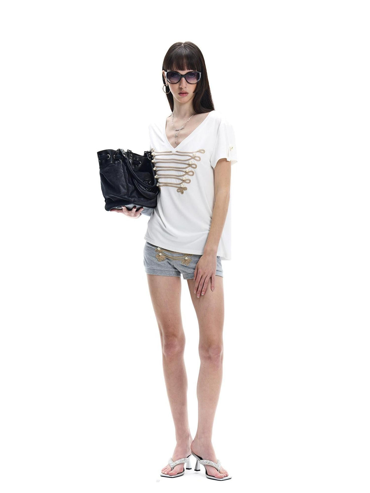 Heather Grey Gold Hand Embroidered Drawstring Knot Women's Cotton Sweat Shorts