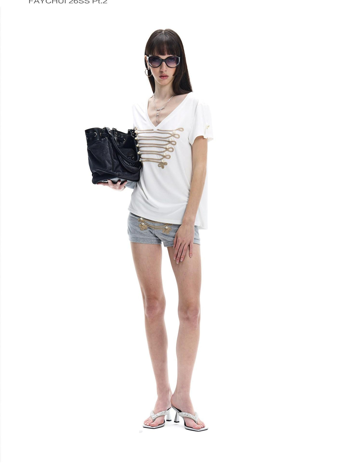 Heather Grey Gold Hand Embroidered Drawstring Knot Women's Cotton Sweat Shorts
