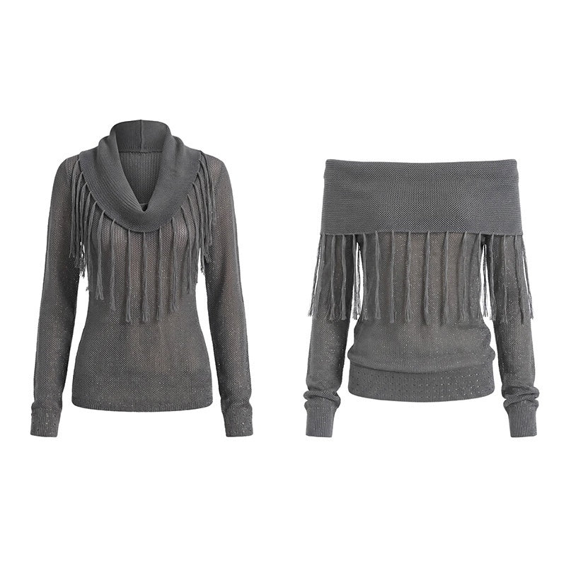 Hollow Out Fringe Draped Neck Two Way Women's Modal Knit Off-shoulder Sweaters