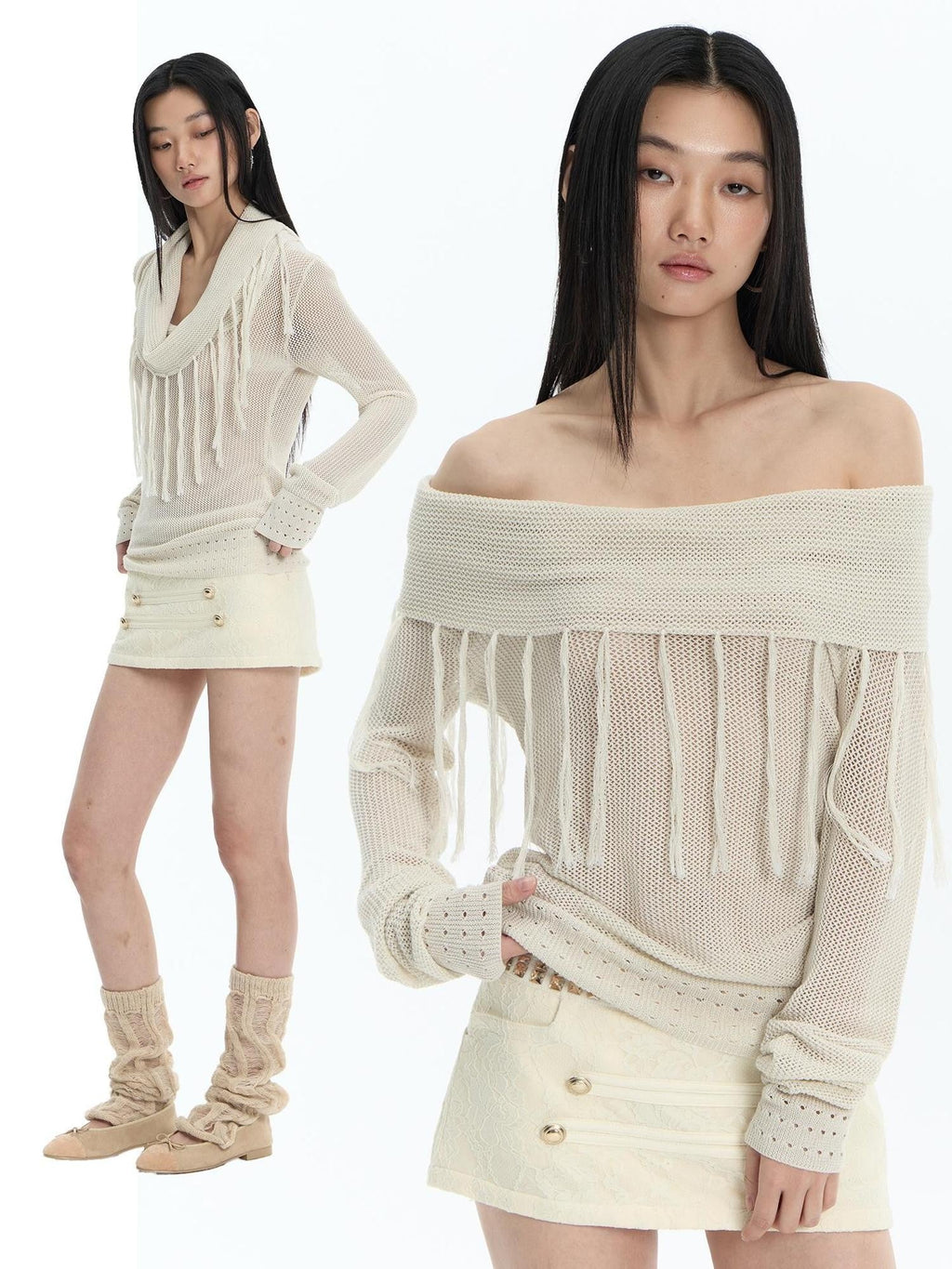 Hollow Out Fringe Draped Neck Two Way Women's Modal Knit Off-shoulder Sweaters