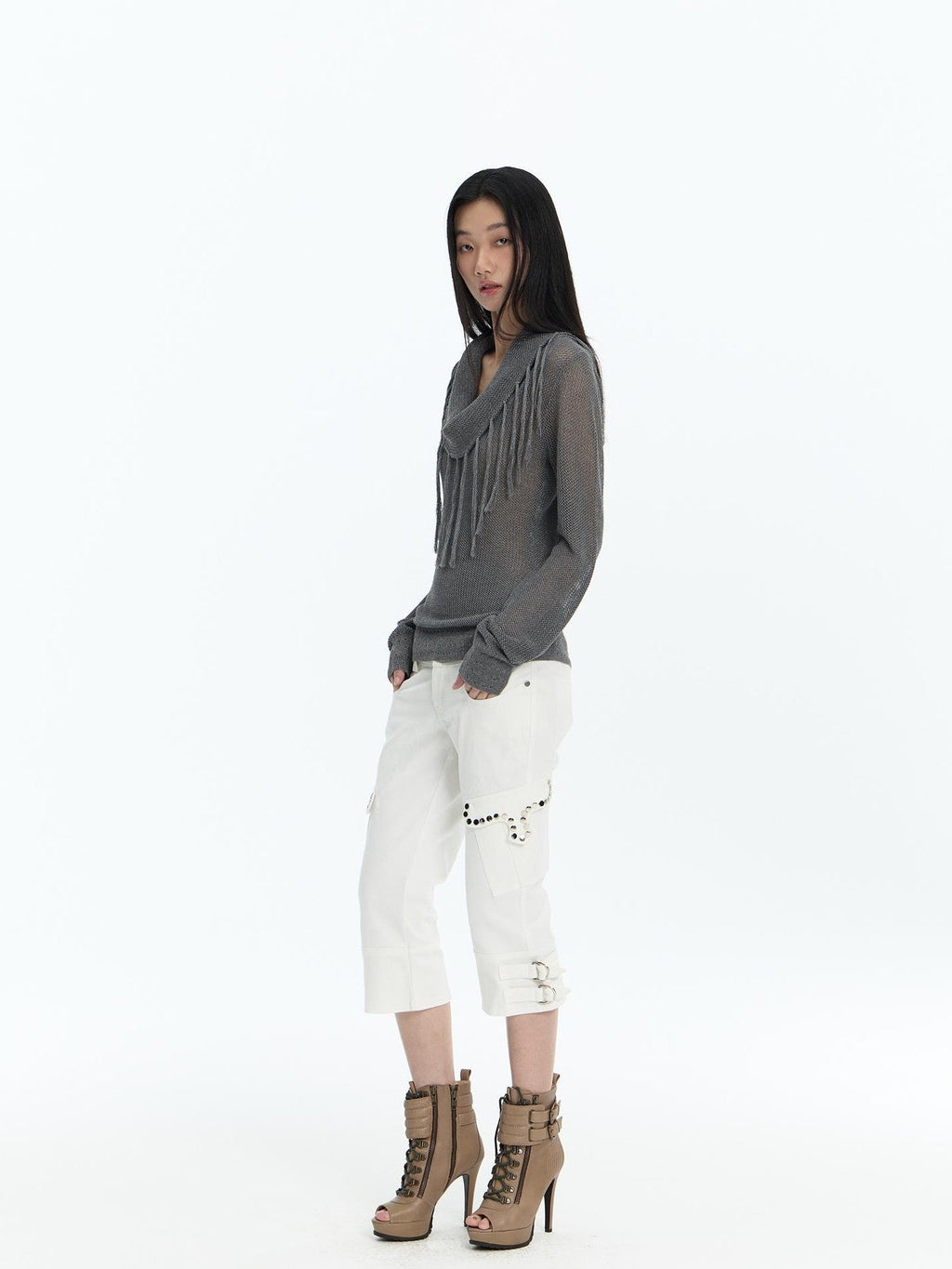 Hollow Out Fringe Draped Neck Two Way Women's Modal Knit Off-shoulder Sweaters
