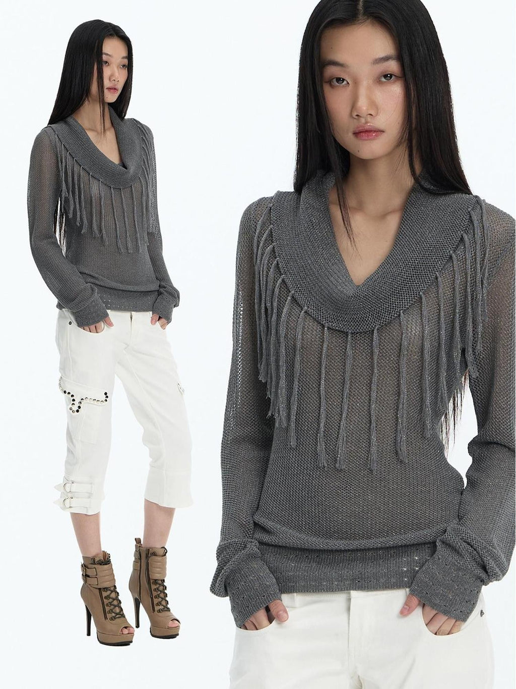 Hollow Out Fringe Draped Neck Two Way Women's Modal Knit Off-shoulder Sweaters