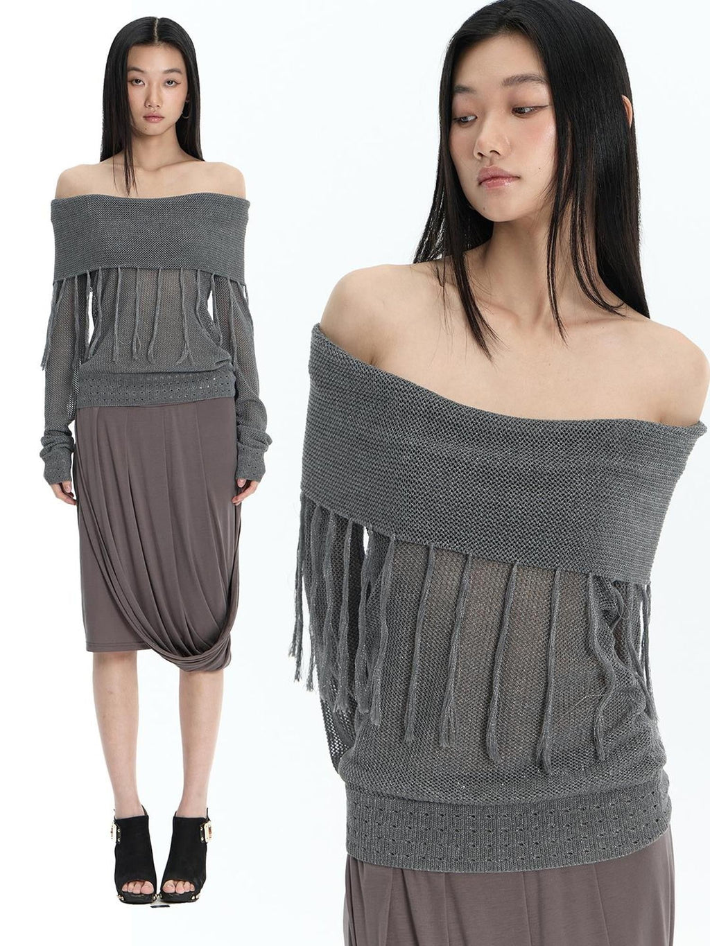 Hollow Out Fringe Draped Neck Two Way Women's Modal Knit Off-shoulder Sweaters