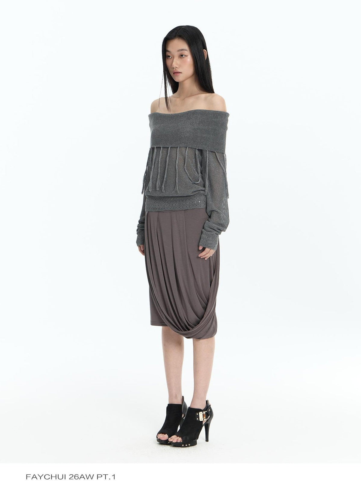 Hollow Out Fringe Draped Neck Two Way Women's Modal Knit Off-shoulder Sweaters