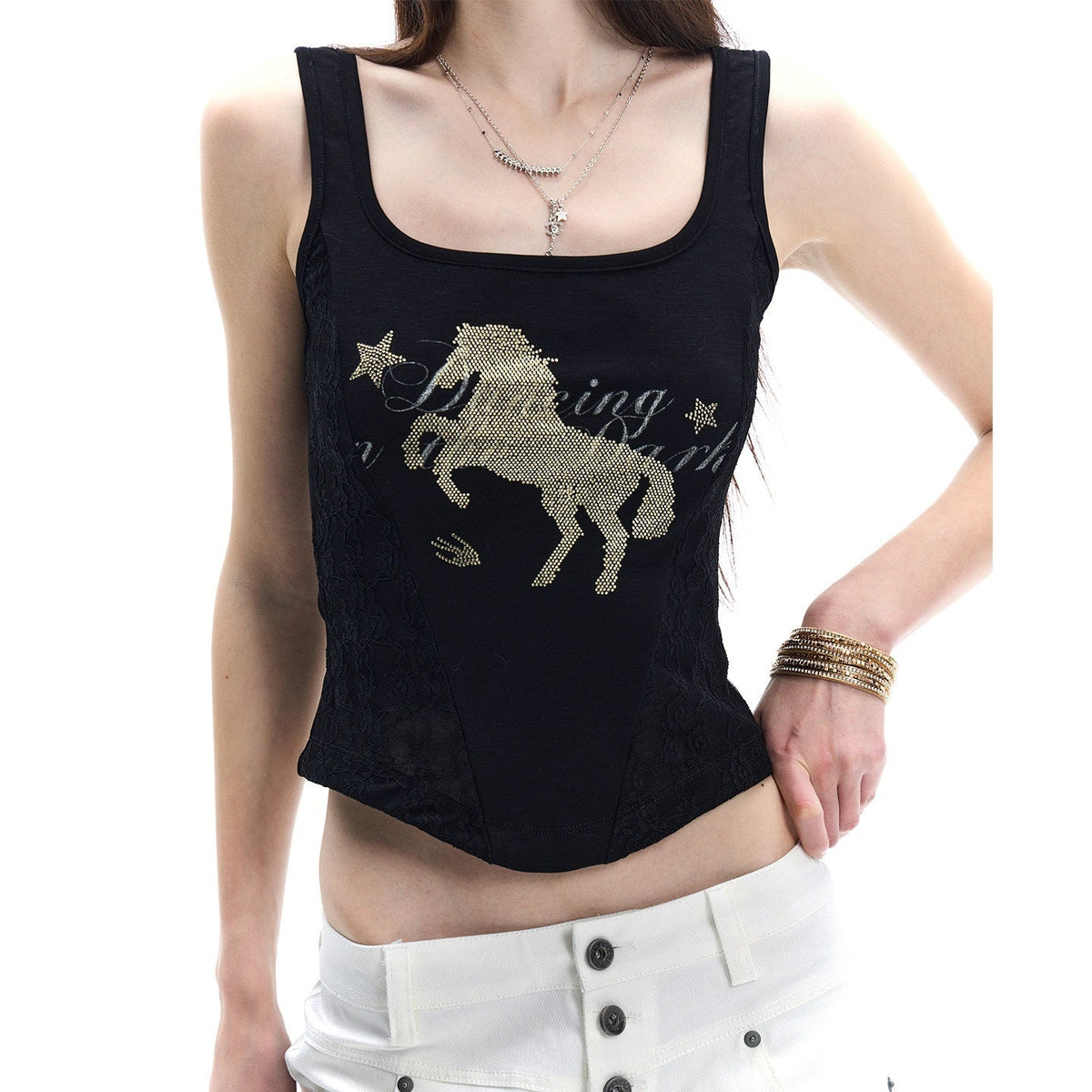 Midnight Black Gold Horse Rhinestone Square Neck Women's Lace Tank Tops